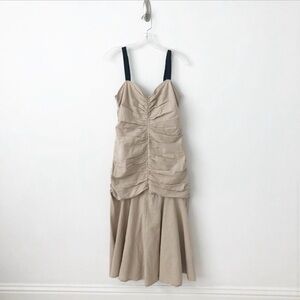 NWT Anthropologie Summer Ruched Midi Dress 10 $180 Beige Linen/ Cotton Blend
